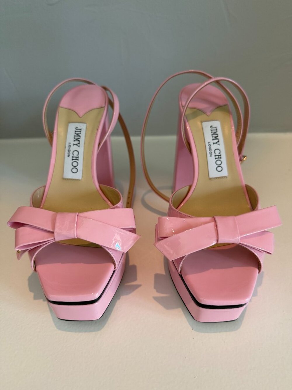 Jimmy Choo Pink Patent Leather Platform Bow Slingback Sandals EU 36 – Worn Once